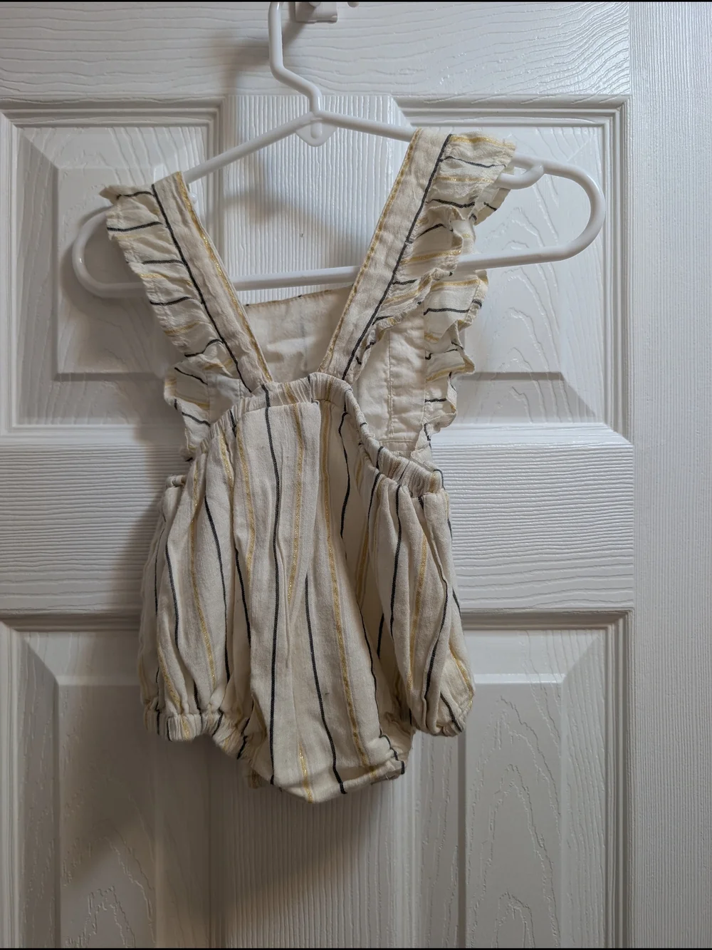Old Navy Cream Striped Ruffle Romper with Yellow & Black Stripes 3-6M